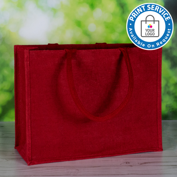 Red Jute Bags with a soft padded handle available from stock at Midpac UK